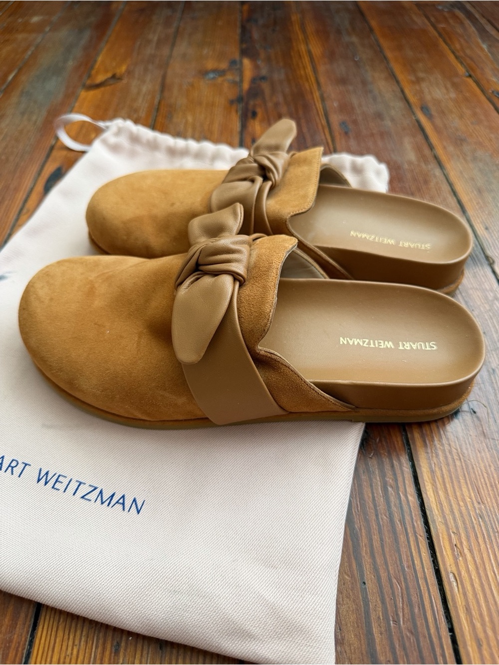 Stuart Weitzman Tan Suede Knot-Detail Slip-On Mules - Picture 2 of 9